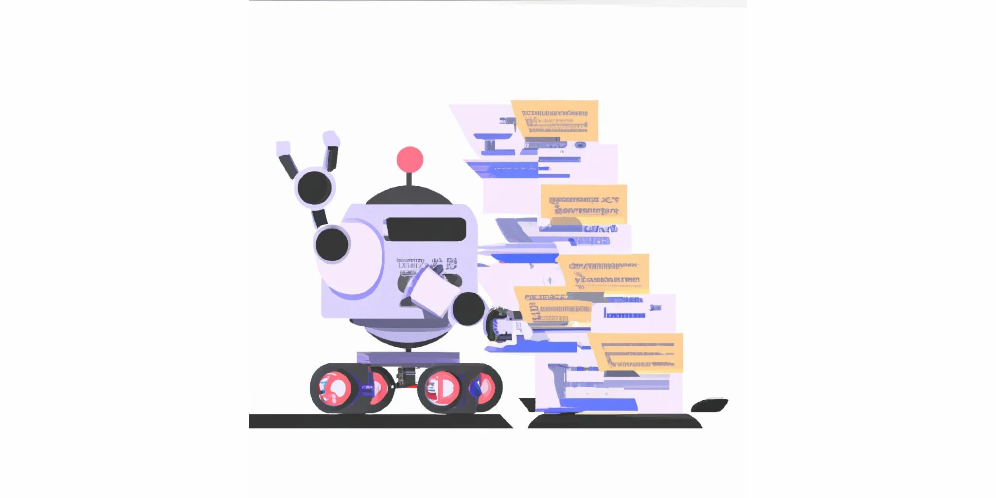 a robot and stack of papers in flat illustration style with gradients and white background_compressed cb836b0c-bdbe-42e6-93ca-fbf10158baed
