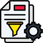 Document icon with funnel and gear for AI-driven content curation and optimization.